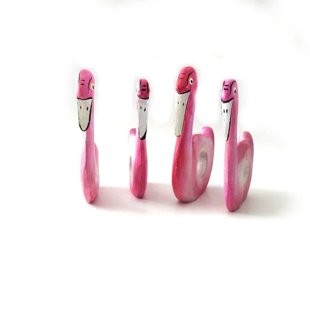 4 Flamingo Napkin Rings Hand-painted Wood Retro Vintage